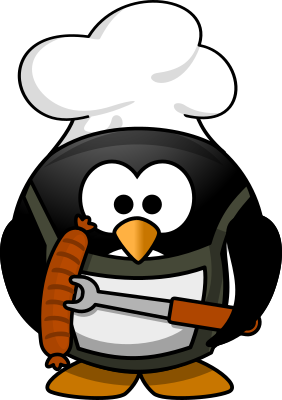 Penguin with an apron and hot dog on a fork