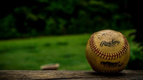 Green field with the focus on a ball on a bench