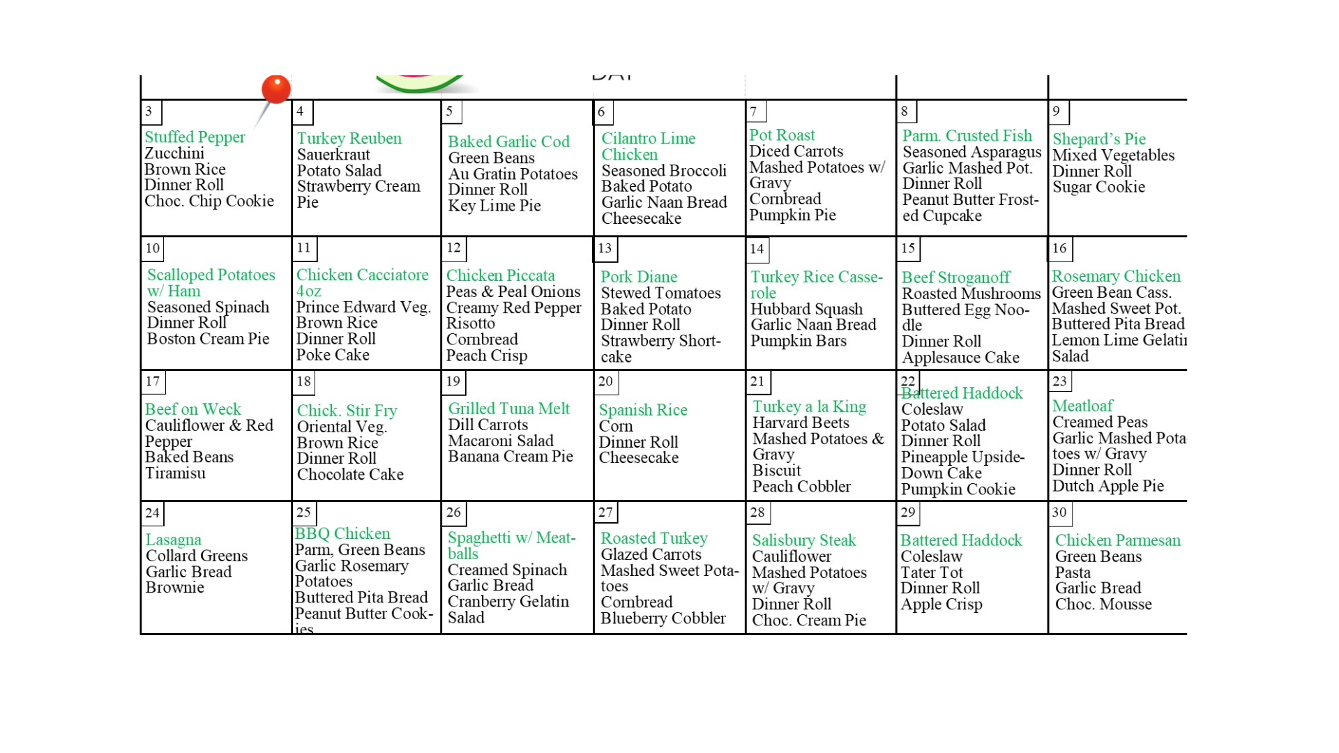 August Dinner Menu