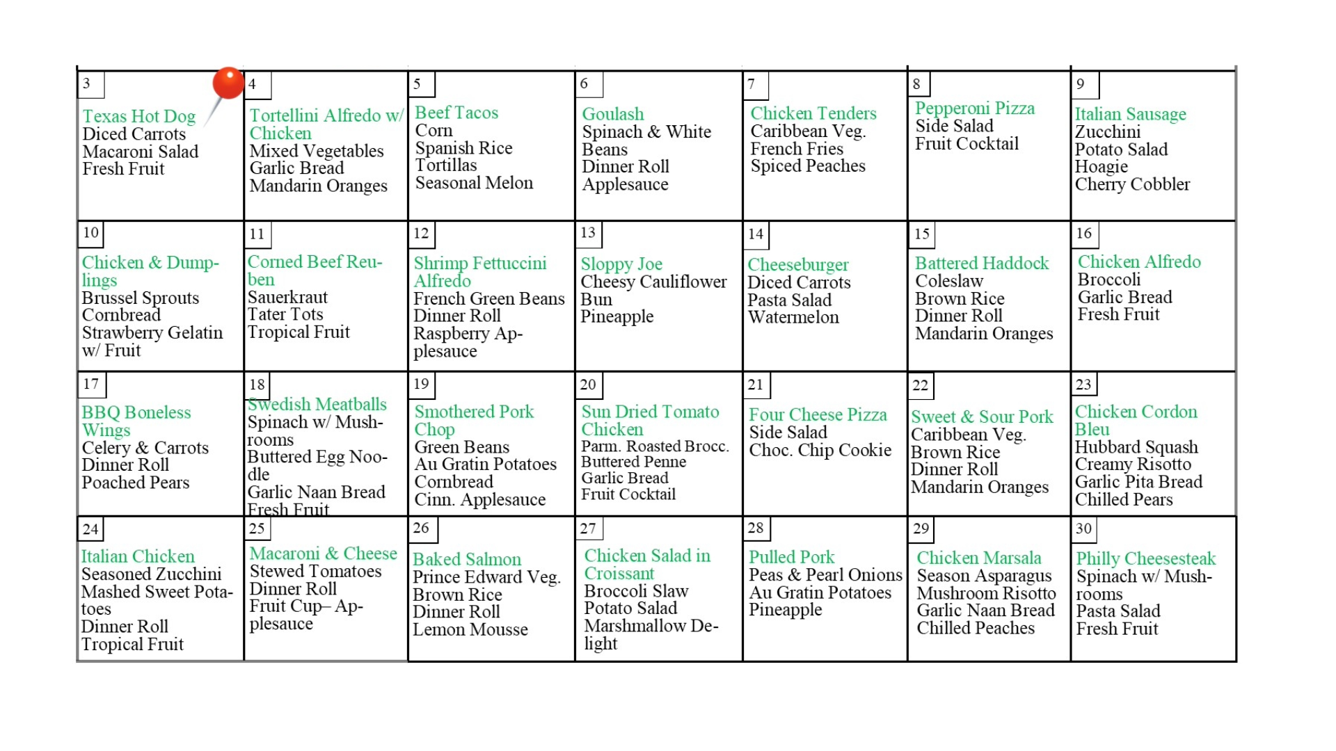 August Lunch menu