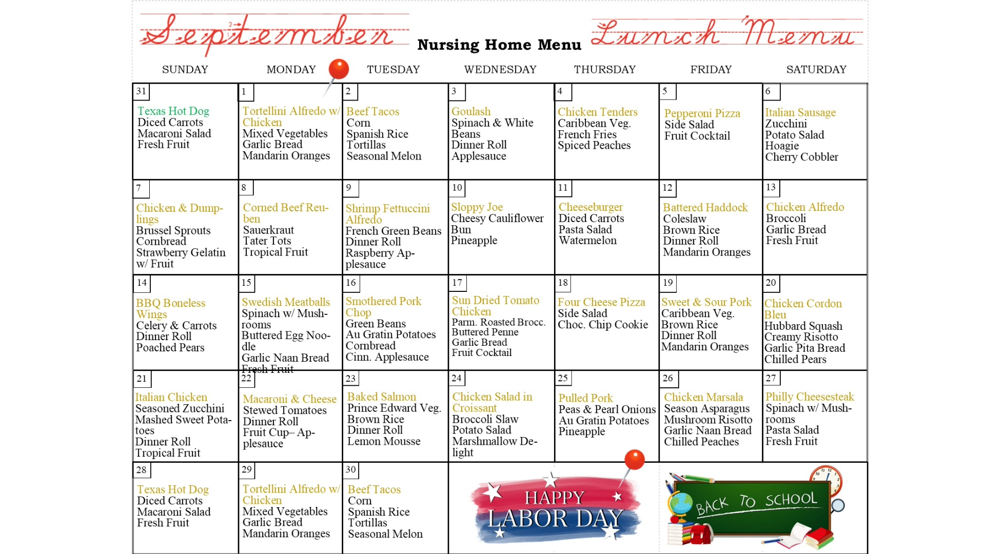 Sept. lunch menu