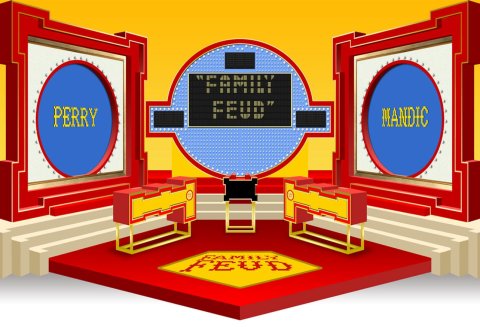 Tv show, Family Feud board and game stations on the left and right of the stage