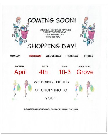 Shopping Day held by the American Heritage Apparel is coming to the Pines of Machias on April 4th from 10 am to 3 pm in the Grove