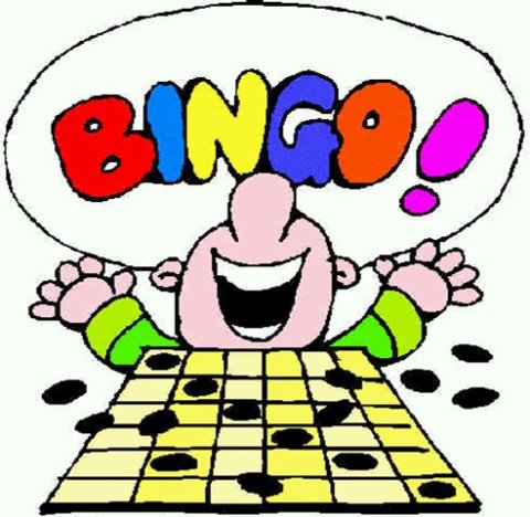 Bingo board with a person behind it yelling BINGO!