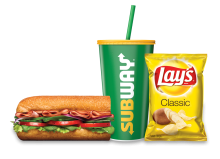 A sub, drink, and a bag of chips from Subway