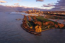 An aerial view of downtown Cleveland