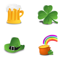 A glass filled with liquid, a four leaf clover, a hat and a pot of gold coins