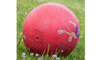 A cherry red ball in a field